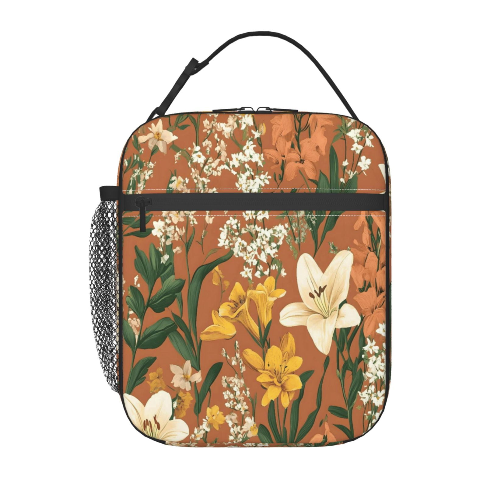 Lunch Bag For Women Men Insulated Portable Lunch Box Bento Box Office Picnic Travel Cooler Bag Yellow Background With Flowers