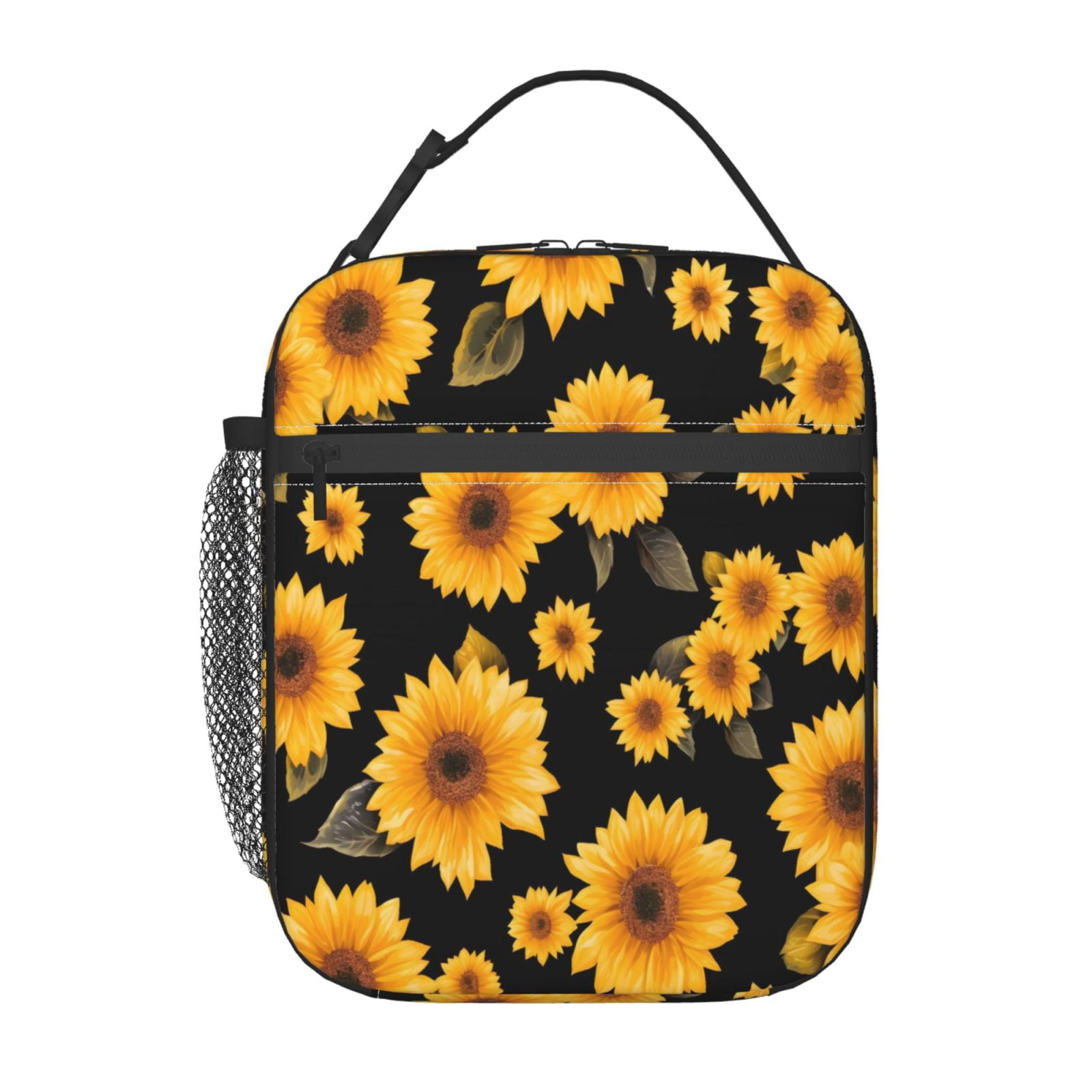 Lunch Bag For Women Men Insulated Portable Lunch Box Bento Box Office Picnic Travel Cooler Bag Yellow Sunflowers Black Background