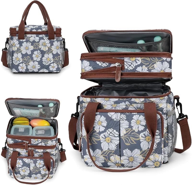 Lunch Bag Insulated Expandable Lunch Box for Women - Reusable Adults Floral Lunch Tote Bag Lunch Box for Office Work Picnic (Yellow Flower)
