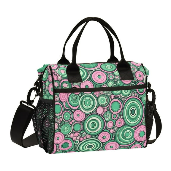 Lunch Bag Insulated Lunch Box Leakproof Reusable Cooler Tote Adjustable Shoulder Strap for Men Women Abstract Pink Green Circles 9L