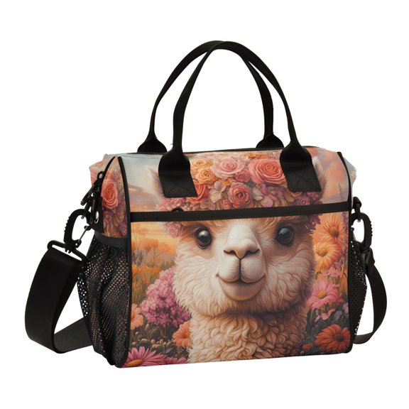Lunch Bag Insulated Lunch Box Leakproof Reusable Cooler Tote Adjustable Shoulder Strap for Men Women Alpaca in Flowers Sea 9L