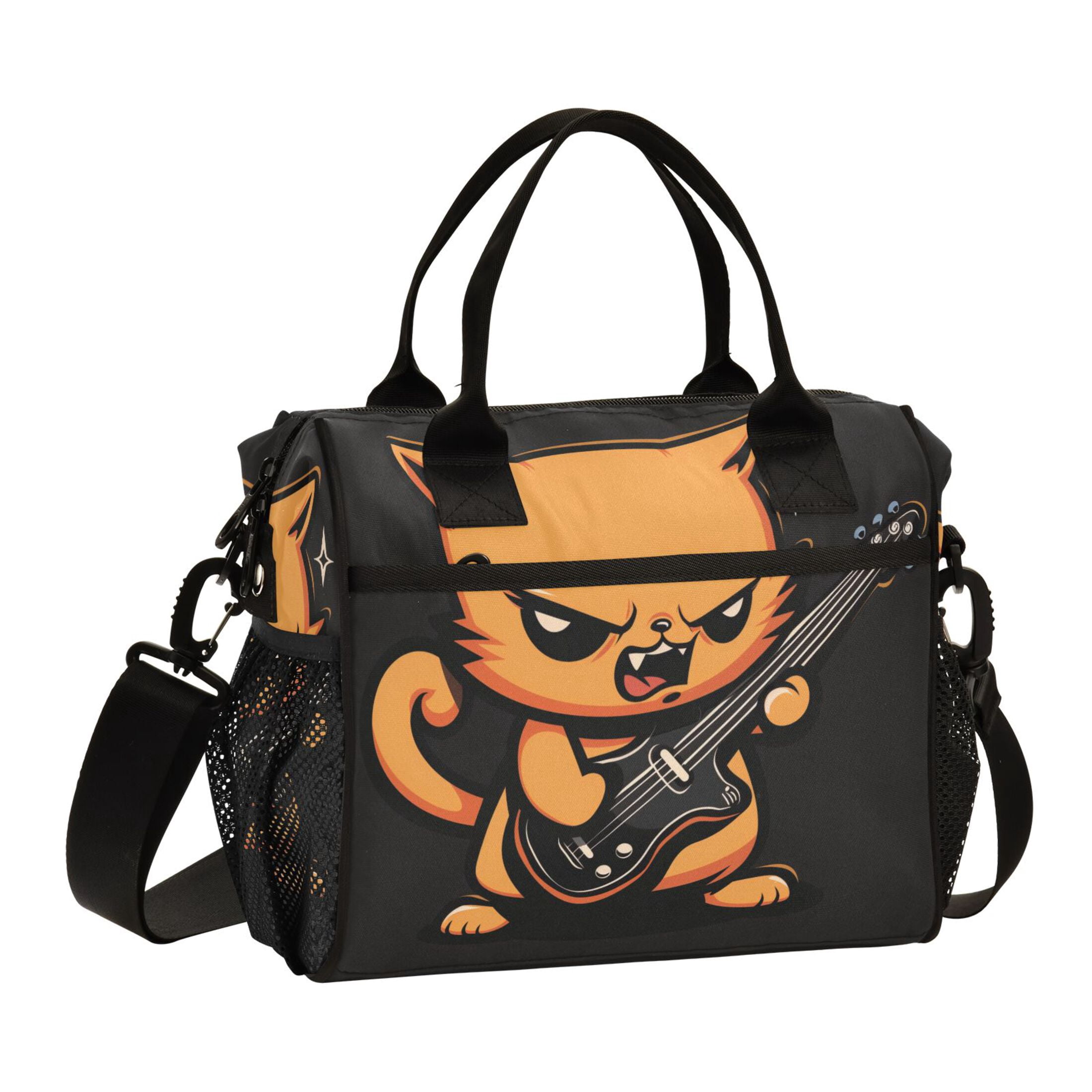 Lunch Bag Insulated Lunch Box Leakproof Reusable Cooler Tote Adjustable Shoulder Strap for Men Women Angry Cat Playing Guitar 9L