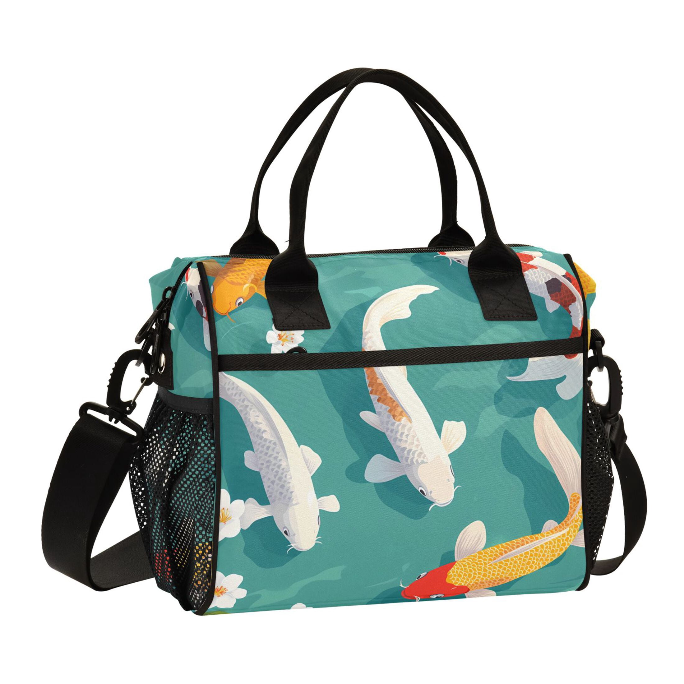Lunch Bag Insulated Lunch Box Leakproof Reusable Cooler Tote Adjustable Shoulder Strap for Men Women Cartoon Fish and White Flower 9L