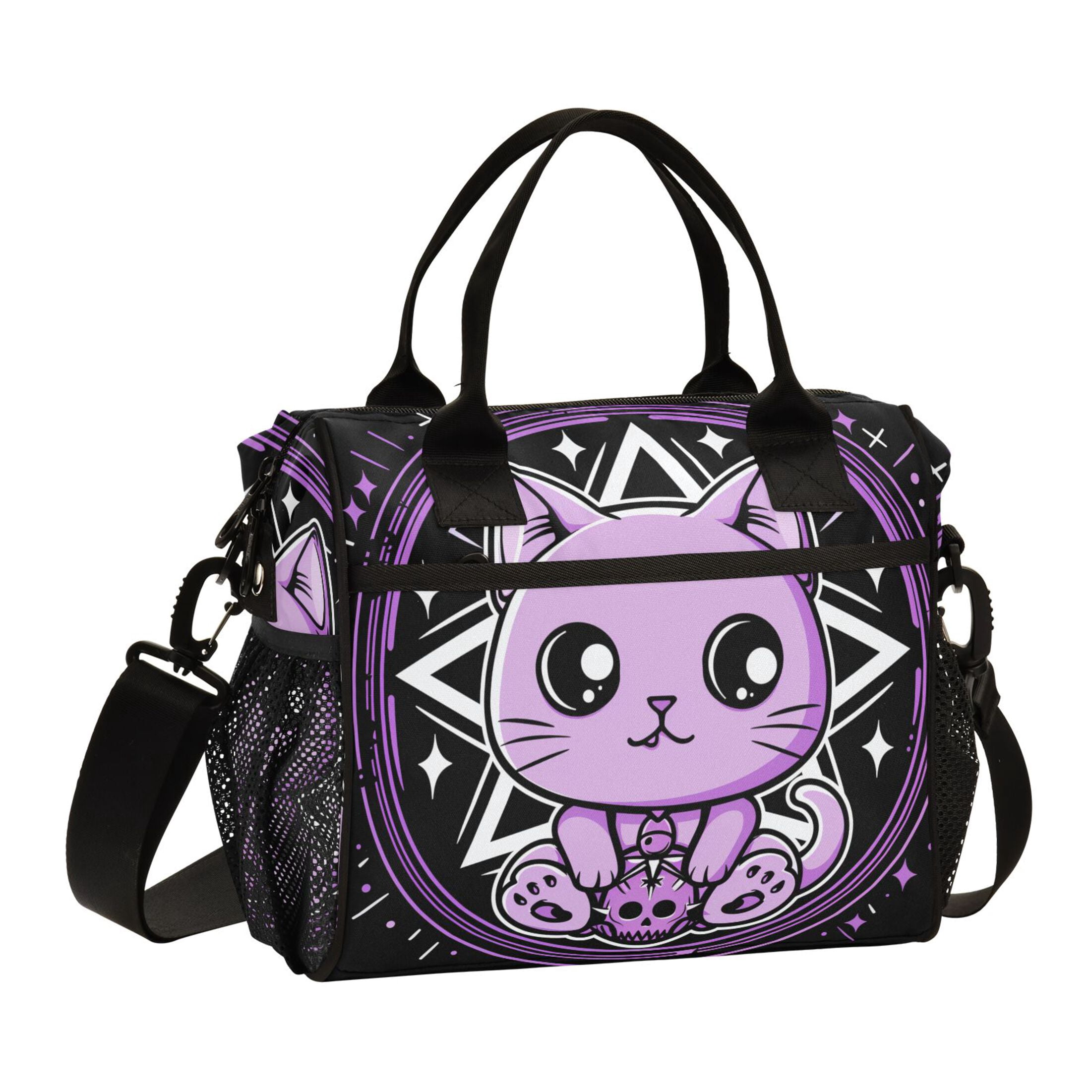 Lunch Bag Insulated Lunch Box Leakproof Reusable Cooler Tote Adjustable Shoulder Strap for Men Women Cute Cat with Skull 12L