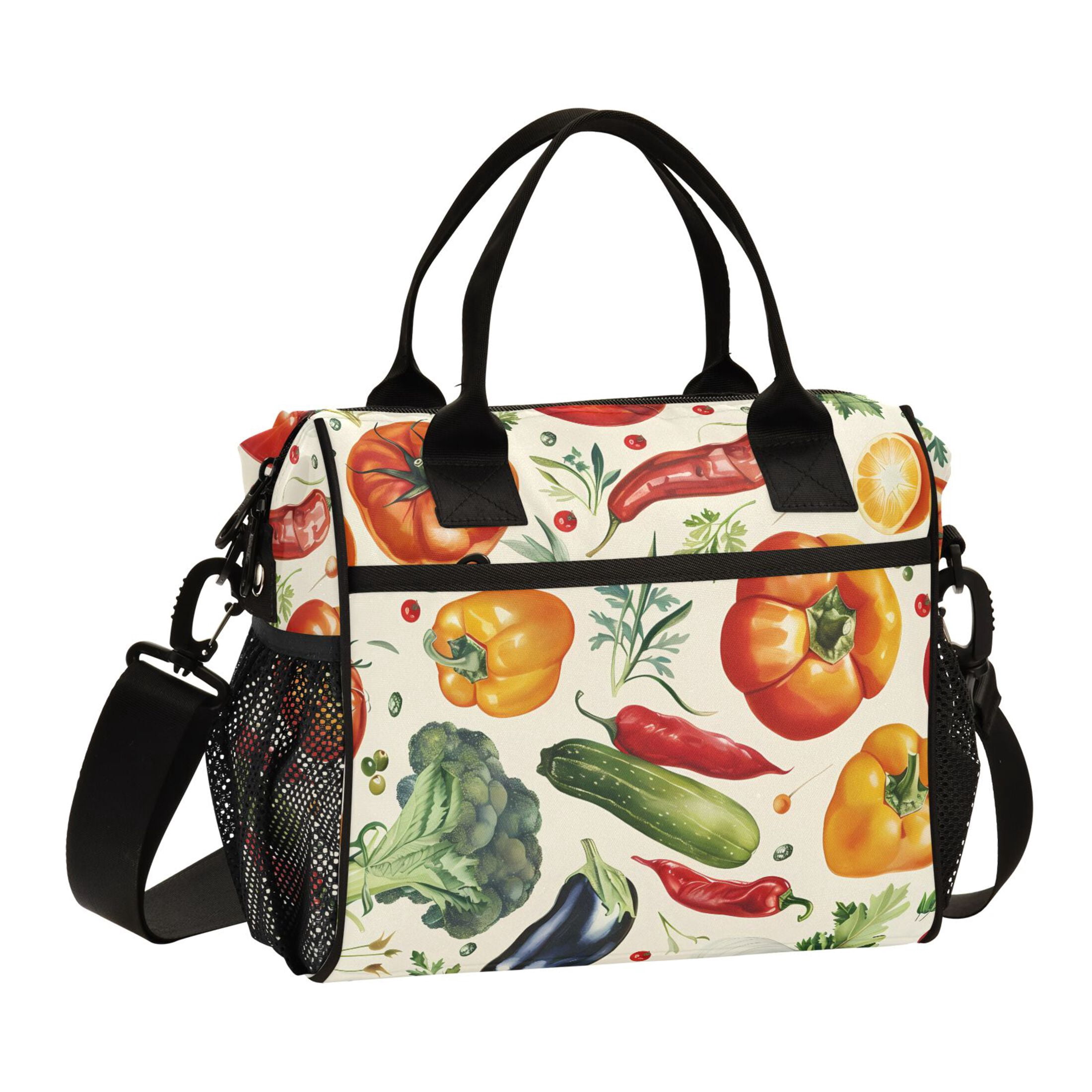 Lunch Bag Insulated Lunch Box Leakproof Reusable Cooler Tote Adjustable Shoulder Strap for Men Women Eggplant Pepper Tomato Broccoli 12L