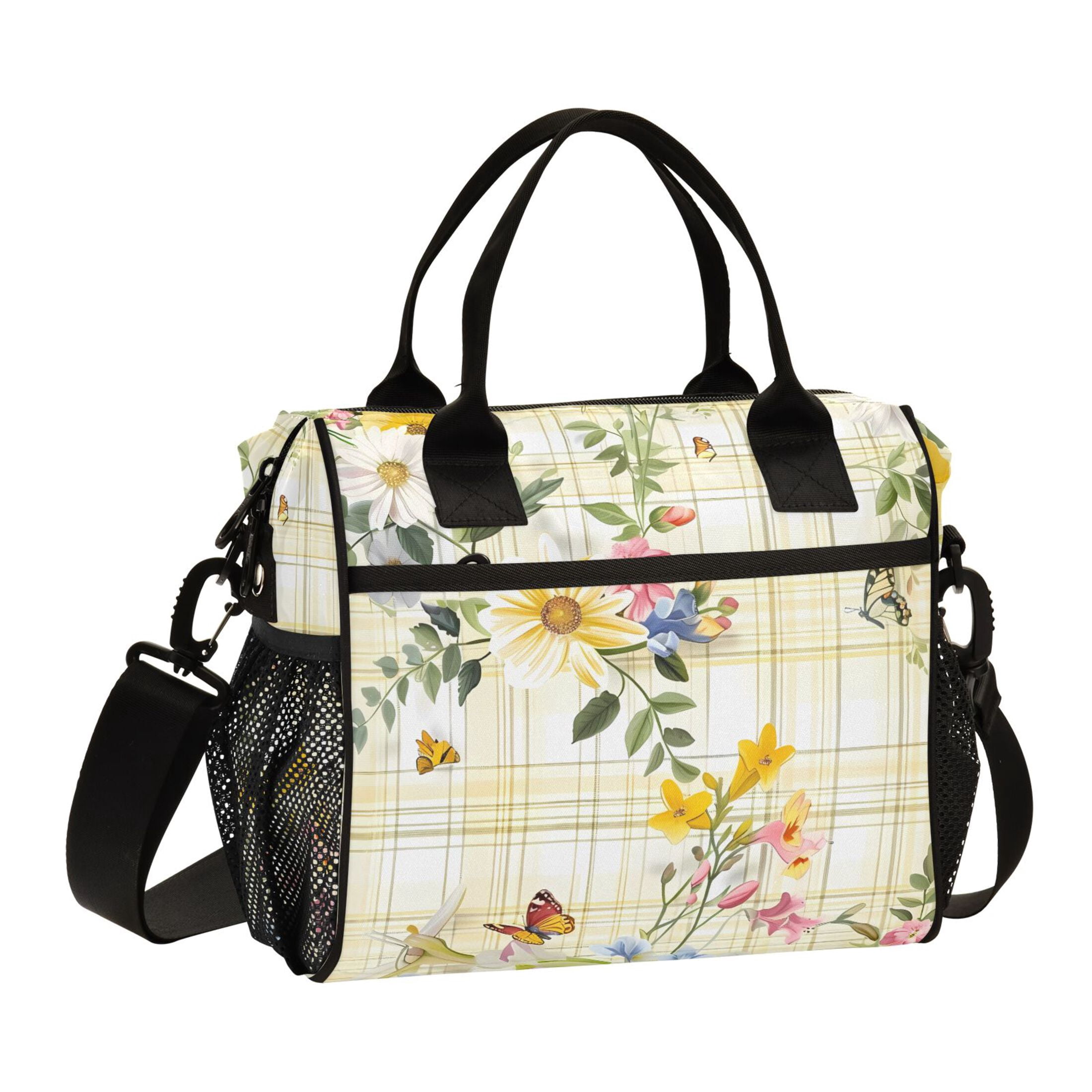 Lunch Bag Insulated Lunch Box Leakproof Reusable Cooler Tote Adjustable Shoulder Strap for Men Women Flowers and Butterflies on Plaid 12L