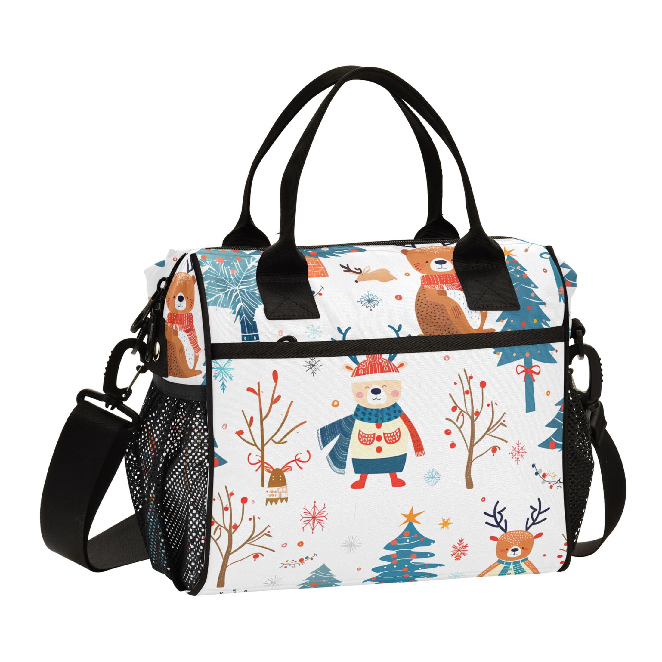 Lunch Bag Insulated Lunch Box Leakproof Reusable Cooler Tote Adjustable Shoulder Strap for Men Women Snowflakes Deer Bear Trees 9L