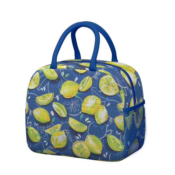 Lunch Bag Lunch Box for Women Reusable Insulated Lunch Bags,Water-Resistant Lemon Print Blue Cooler Lunch Tote Bag, Large Capacity for Work Travel Picnic