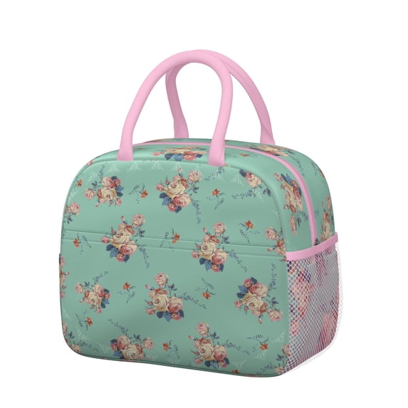 Lunch Bag Lunch Box for Women Reusable Insulated Lunch Cooler Bags,Large Capacity for Work Travel Picnic,Water-Resistant Light Green with Rose Lunch Tote Bag Gifts for Woman Mom Pink