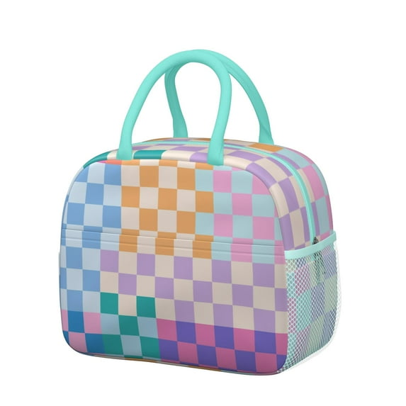 Lunch Bag Lunch Box for Women Reusable Insulated Lunch Cooler Bags,Large Capacity for Work Travel Picnic,Water-Resistant Multicolored Checkered Lunch Tote Bag Gifts for Woman Mom Greenish-blue