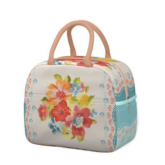 Lunch Bag Lunch Box for Women Reusable Insulated Lunch Cooler Bags,Large Capacity for Work Travel Picnic,Water-Resistant Pioneer Colorful Floral Lunch Tote Bag Gifts for Woman Mom Beige