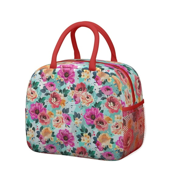 Lunch Bag Lunch Box for Women Reusable Insulated Lunch Cooler Bags,Large Capacity for Work Travel Picnic,Water-Resistant Pioneer Colorful Floral Lunch Tote Bag Gifts for Woman Mom Red
