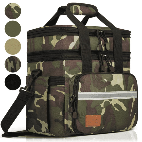 Lunch Bag for Men, 24L Expandable Insulated Lunch Box with Side Pockets, Double Deck Leakproof Cooler Tote Bag with Adjustable Shoulder Strap, 24 Can, Suit for Office/Picnic/Camping/Beach, Camo Green