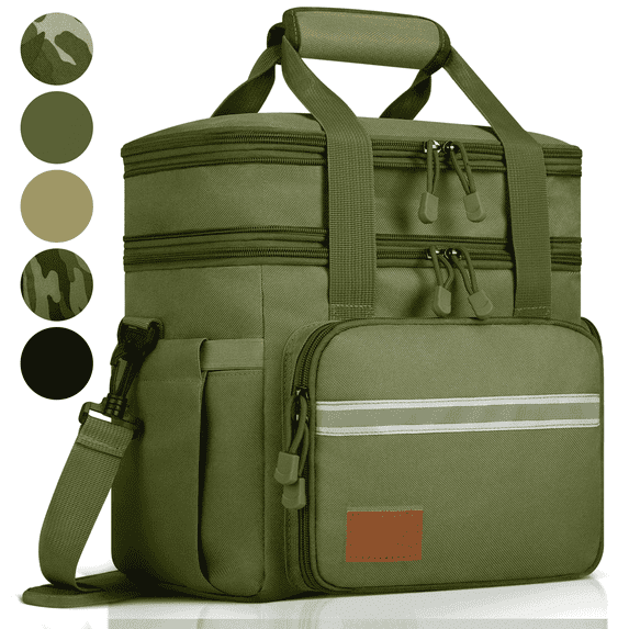 Lunch Bag for Men, 24L Expandable Insulated Lunch Box with Side Pockets, Double Deck Leakproof Cooler Tote Bag with Adjustable Shoulder Strap, 24 Can, Suit for Office/Picnic/Camping/Beach, Green