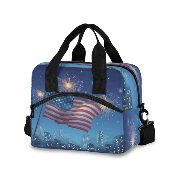 Lunch Bag Portable Crossbody Meal Bag Cooler Bag Insulated Lunch Bag Food Bag Handheld & Crossbody Design American Flag Fireworks