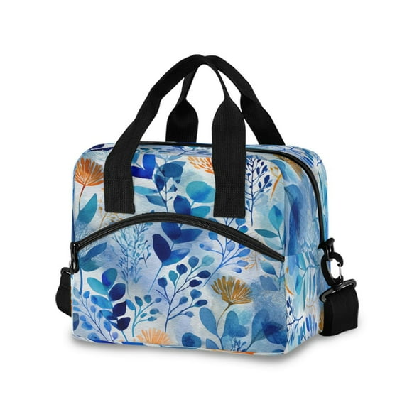 Lunch Bag Portable Crossbody Meal Bag Cooler Bag Insulated Lunch Bag Food Bag Handheld & Crossbody Design Beautiful Watercolor Blue Leaves