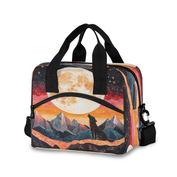 Lunch Bag Portable Crossbody Meal Bag Cooler Bag Insulated Lunch Bag Food Bag Handheld & Crossbody Design Black Wolf under The Moon