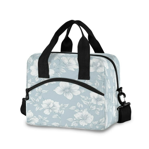 Lunch Bag Portable Crossbody Meal Bag Cooler Bag Insulated Lunch Bag Food Bag Handheld & Crossbody Design Blue White Flower