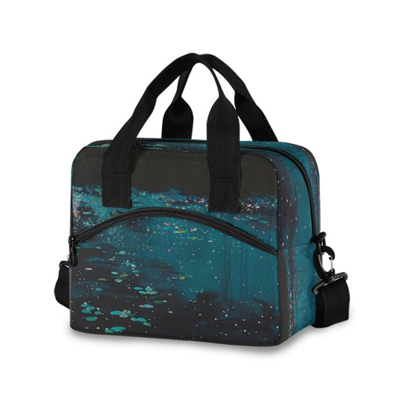 Lunch Bag Portable Crossbody Meal Bag Cooler Bag Insulated Lunch Bag Food Bag Handheld & Crossbody Design Green Leaves and Water Flowers