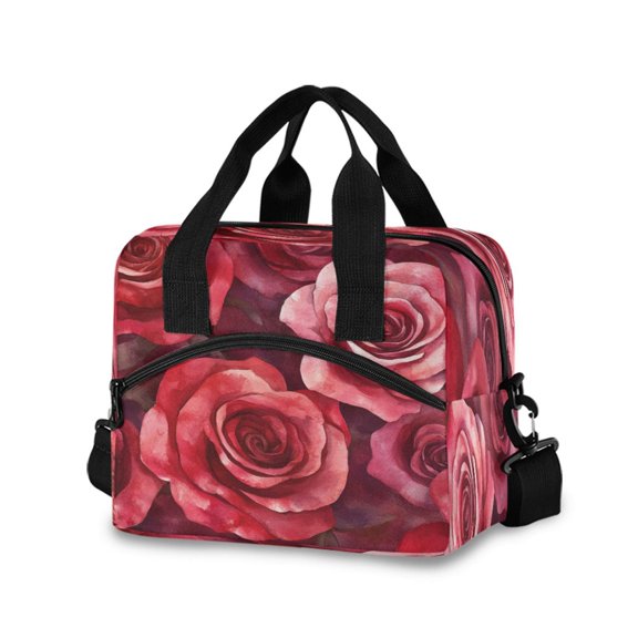 Lunch Bag Portable Crossbody Meal Bag Cooler Bag Insulated Lunch Bag Food Bag Handheld & Crossbody Design Red Roses Seamless