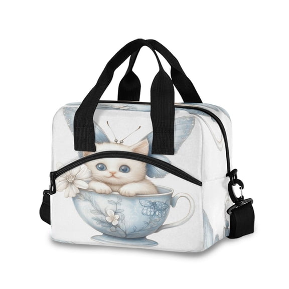 Lunch Bag Portable Crossbody Meal Bag Cooler Bag Insulated Lunch Bag Food Bag Handheld & Crossbody Design Teacup Cute White Cat