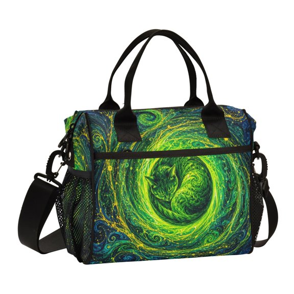 Lunch Bag Reusable Cooler Bags Portable Lunch Tote with Adjustable Shoulder Strap Fluorescent Green Spiral Vortex Medium
