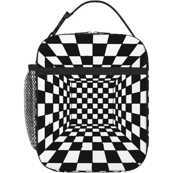 Lunch Bag Trippy Checkerboard Insulated Lunch Box Reusable Leakproof Cooler Tote For Women Men Adult With Bottle Holde For Work Office Travel Picnic
