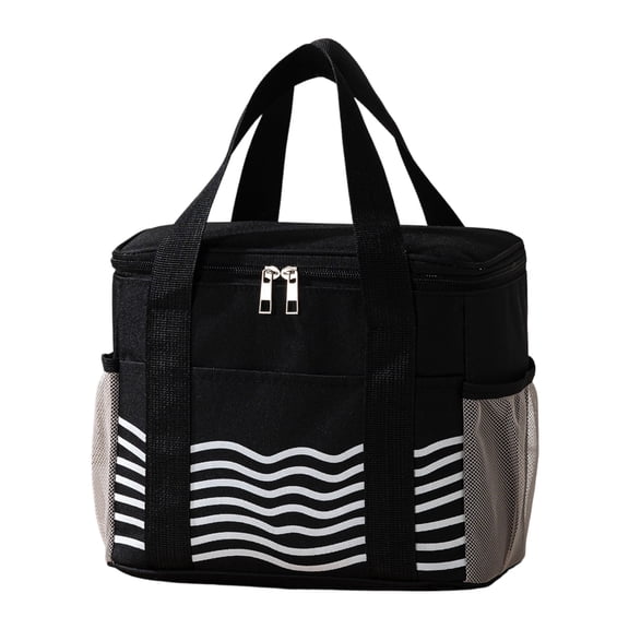Lunch Bag, Wave Pattern Oxford Cloth Portable Bento Tote with Handheld Handles for Work Picnic Travel Reusable Fabric Meal Prep Storage Case for Adults Men Use. Black