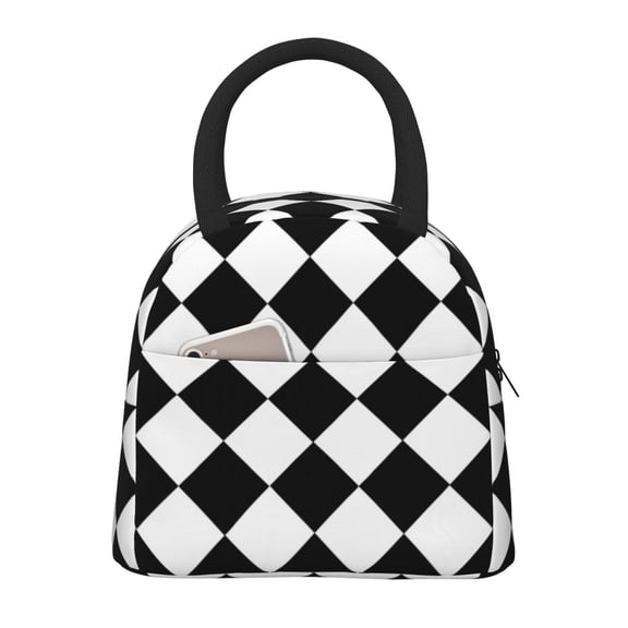 Lunch Bag White And Black Checkered Pattern Reusable Insulated Lunch Tote Cooler Box for Women Men Black