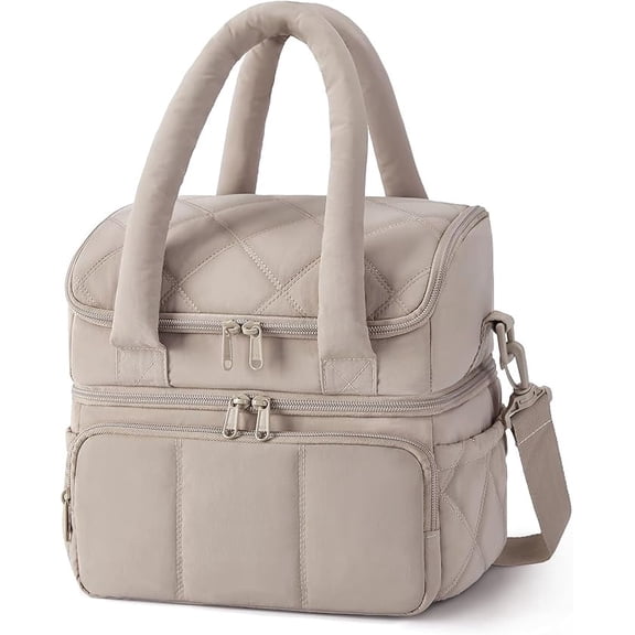 Lunch Bag Women, Double Deck Insulated Lunch Box, Quilted Puffer Lunch Tote, Leakproof, Durable & Reusable Large Lunch Cooler For Work Picnic Travel Meal Prep, Camel