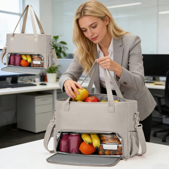 Lunch Bag For Women, Insulated Laptop Tote With 15.6 Inch Compartment, Waterproof Oxford Fabric Large Lunch Box With Cup Holders For Work Office Nurse Teacher, Khaki