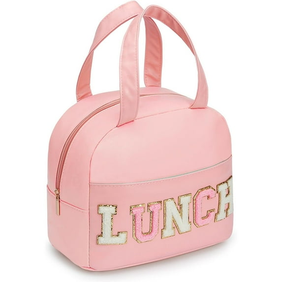 Lunch Bag for Women Insulated For Men PU leather Small Office Work lunch with Chenille Letters Leakproof Freezable Cooler Reusable Portable Box (White&Pink)