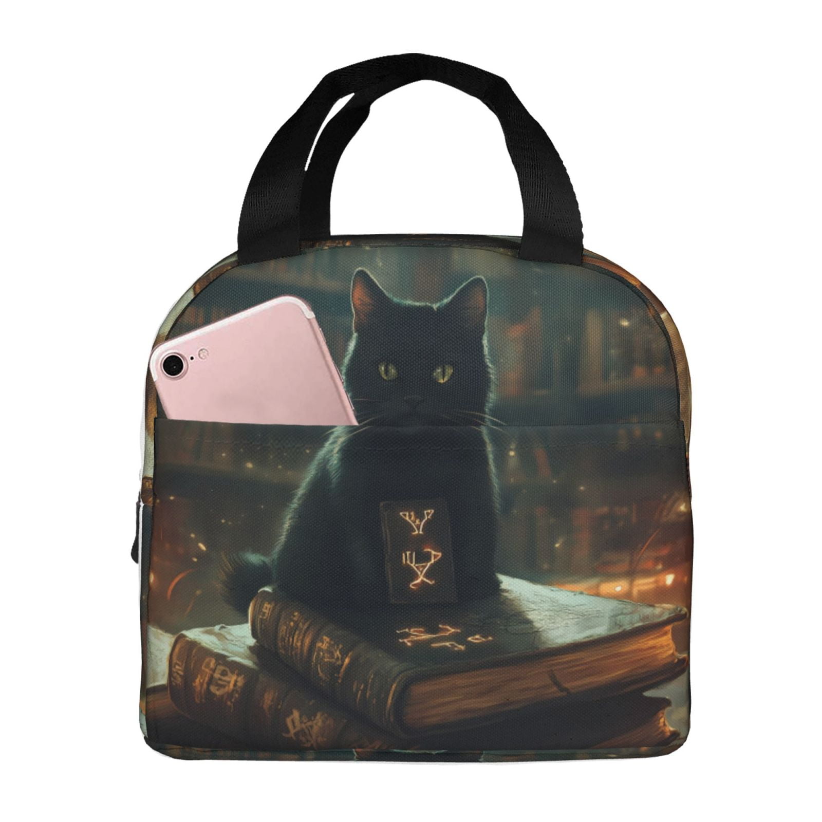 Lunch Bag for Women Men, Halloween Black Cat Mysterious Notebook