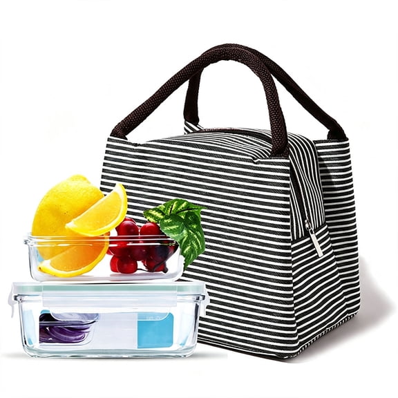 Lunch Bag for Women Men, Insulated Lunch Box for Adult, Large Capacity Lunch Tote Bag, Reusable Lunchbags Use for Work School Picnic Travel, Sturdy and Durable (Black White Stripes)