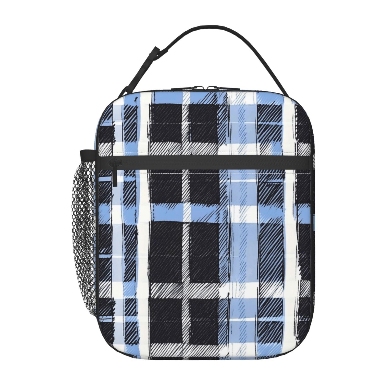 Lunch Bag For Women Men Insulated Portable Lunch Box Bento Box Office Picnic Travel Cooler Bag Mediumblue Houndstooth Buffalo Plaid Tartan Check Scotland Hand-Drawn Sketch_3