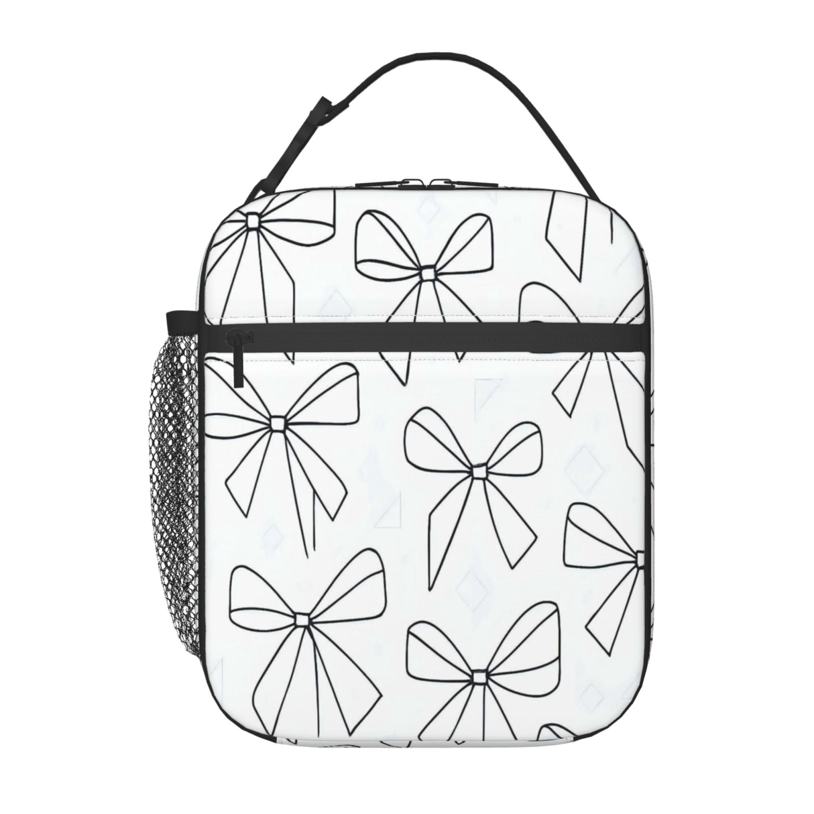 Lunch Bag For Women Men Insulated Portable Lunch Box Bento Box Office Picnic Travel Cooler Bag Modern Minimalist Thin Black And White Ribbon Bow Pattern