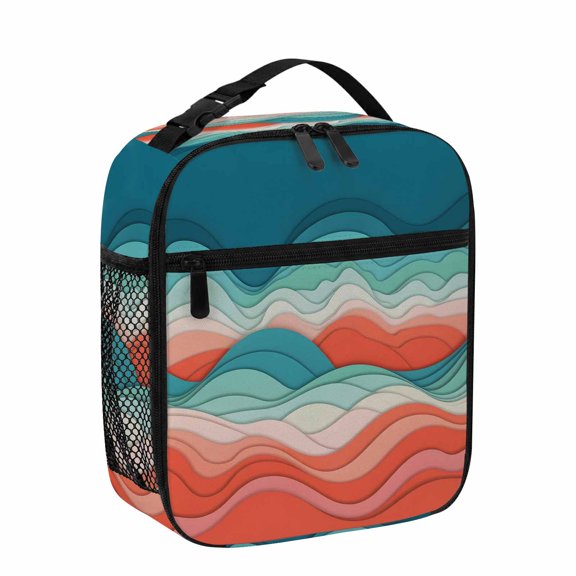 Lunch Bag for Women Men Ombre Turquoise Pink Lunch Box Portable Leakproof Insulated Lunchbox Reusable Cooler Bags Abstract Mountain Waves Lines Lunch Bags for Work Office Outdoor Picnic Travel
