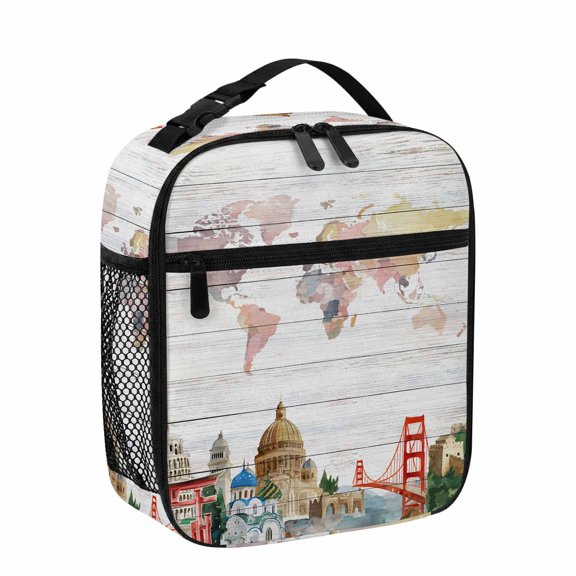 Lunch Bag for Women Men World Map Lunch Box Portable Leakproof Insulated Lunchbox Reusable Cooler Bags Famous Building Tourism Bridge Wood Grain Lunch Bags for Work Office Outdoor Picnic Travel