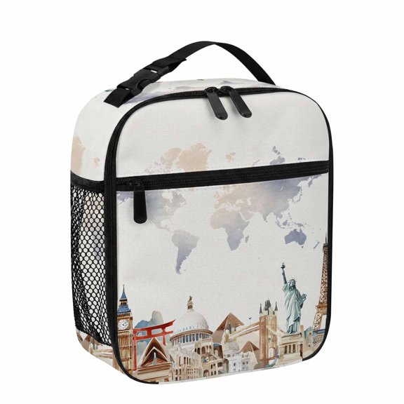 Lunch Bag for Women Men World Map Lunch Box Portable Leakproof Insulated Lunchbox Reusable Cooler Bags Famous Building Tourism Landscape Lunch Bags for Work Office Outdoor Picnic Travel