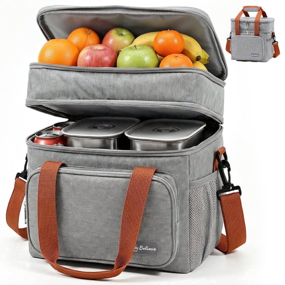 Insulated Lunch Bag & Lunch Box for Men - Double Deck Reusable Lunch Bag for Women Tote Cooler Bag Leakproof Soft Expandable - Large Lunchbox for Work/Adult/Picnic/Outdoor (Gray-15L)