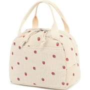 Lunch Bag for Women, Cute Corduroy Insulated Lunch Box for Work School Picnic Strawberry Beige