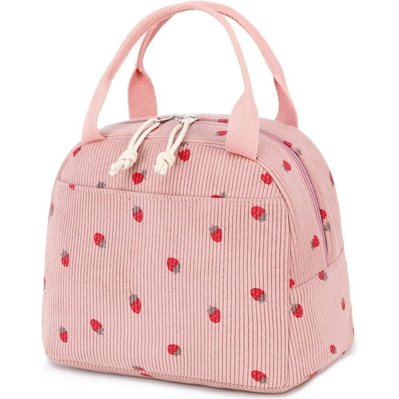 Lunch Bag for Women, Cute Corduroy Insulated Lunch Box for Work School Picnic (Strawberry Pink)