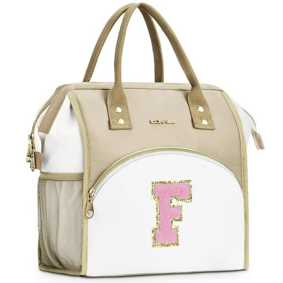 Initial Lunch Bag for Women, Insulated Lunch Box Wide-Open Lunch Tote Bag, Large Lunch Box for Work, Insulated Lunch Bag Reusable Lunch Bag, Pink Letter F