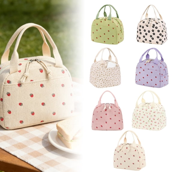 Lunch Bag for Women Insulated Lunch Bag Reusable Cooler Bag Portable Cute Corduroy Lunch Tote Bags for Travel, Work, Picnic(Little Strawberry)