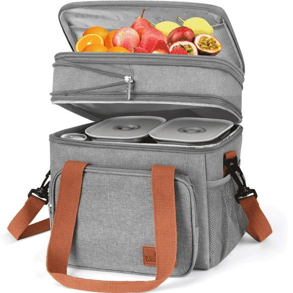 Insulated Lunch Box for Women Men, Expandable Leakproof Lunch bag with Double Compartment, Reusable Cooler Tote Bag for Office, Work, Picnic, Gray(17L)