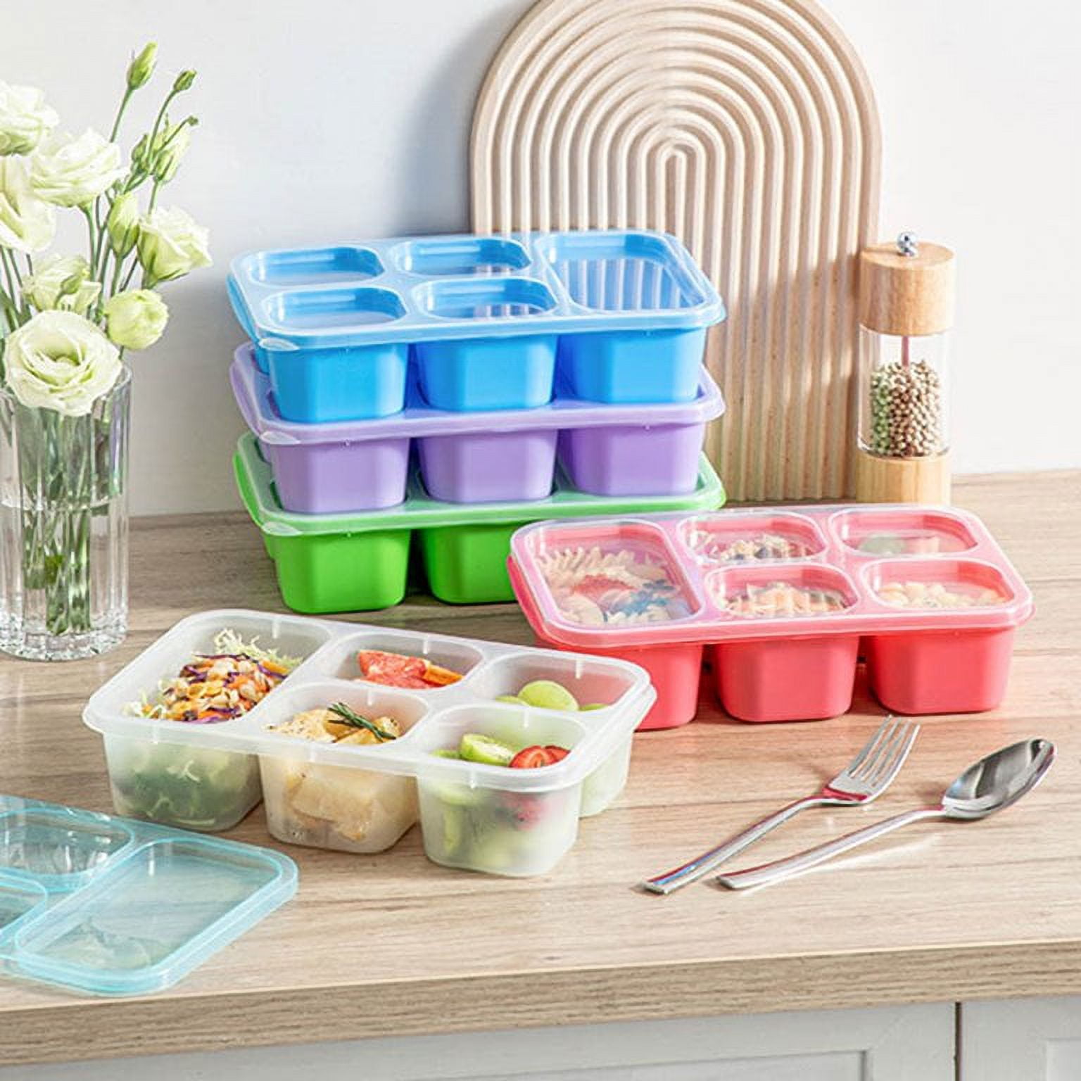 4 Pack Snack Containers with Clear Lids 4 Compartment Bento Lunch