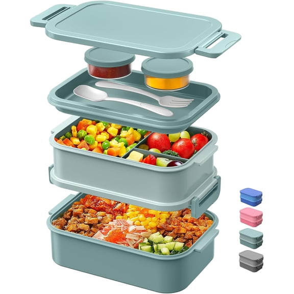 Lunch Box Adult Lunch Box 74 oz Adult Integrated Stackable Lunch Box Container Large Lunch Box with Fork and Spoon Sauce Box Leak-proof Lunch Box for Work School Dining Out, Morandi-Green