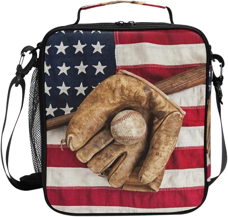 Lunch Box Bag Vintage Ball Baseball American Flag Lunchbox Insulated Thermal Cooler Ice Adjustable Shoulder Strap for Women Men