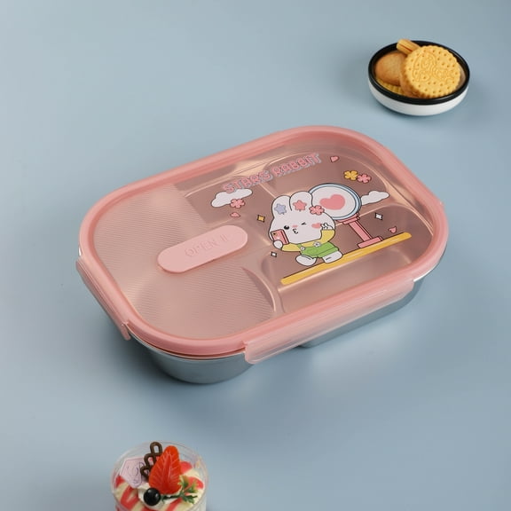 Lunch Box, Bento Boxes, 5 Compartment Bento Lunch Box, Stainless Steel Sealed and Insulated Lunch Box Leak Proof Fall Resistant Cute Cartoon Food Box 2 Lid for Adults(pink)