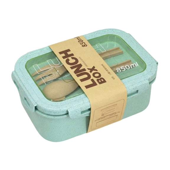 Lunch Box Bento Wheat Straw 2 Compartments with Spoon Fork Eco-Friendly Dishwasher Microwave Safe BPA-free Air Tight Leakproof Compact Portable Green